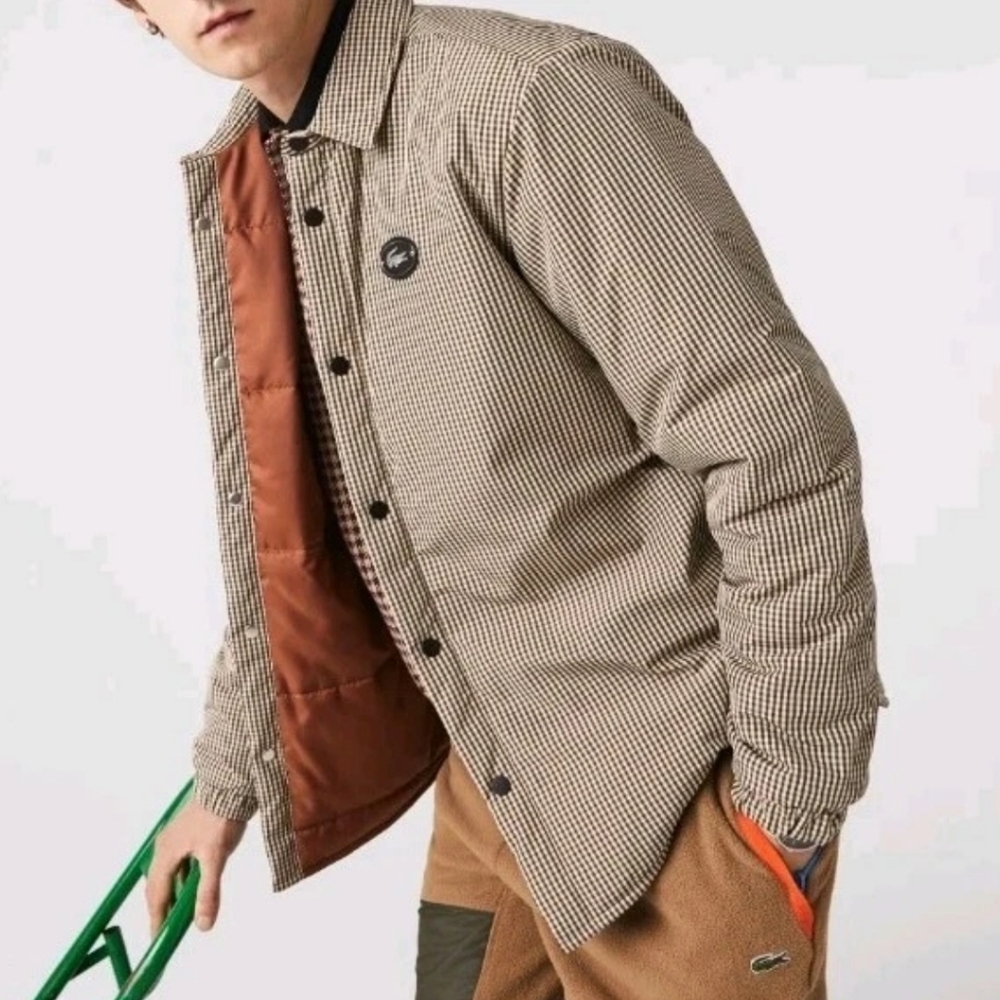 Lacoste Beige Olive Gingham Bomber Puffed Jacket Quilted Water Repellent Sz XXL
